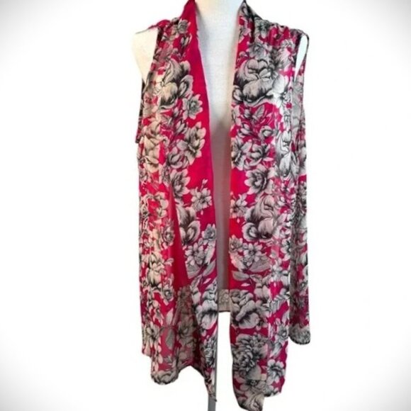 Susan Graver Accessories - SUSAN GRAVER | Sheer Gilet - Sleeveless Chiffon Duster‎ Pink Floral - LG